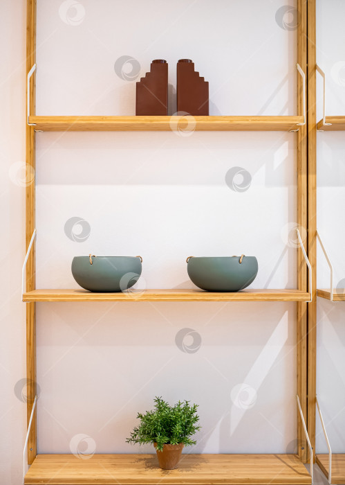 Скачать Интерьерная деревянная подставка с полками, растениями, вазонами и декоративными элементами. фотосток Ozero