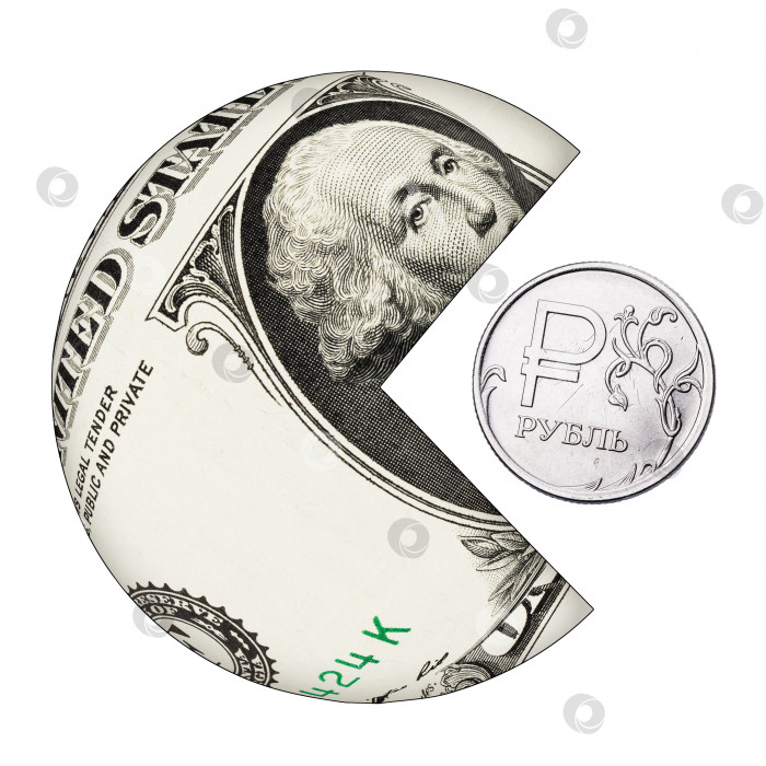 Скачать Американский доллар съедает российский рубль крупным планом. Изолированный на белом фоне фотосток Ozero