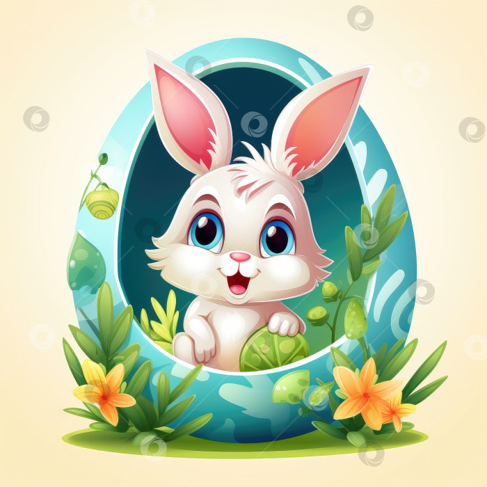 Скачать Милый мультяшный кролик сидит в пасхальном яйце на белом фоне. Веселая пасхальная иллюстрация для детей фотосток Ozero