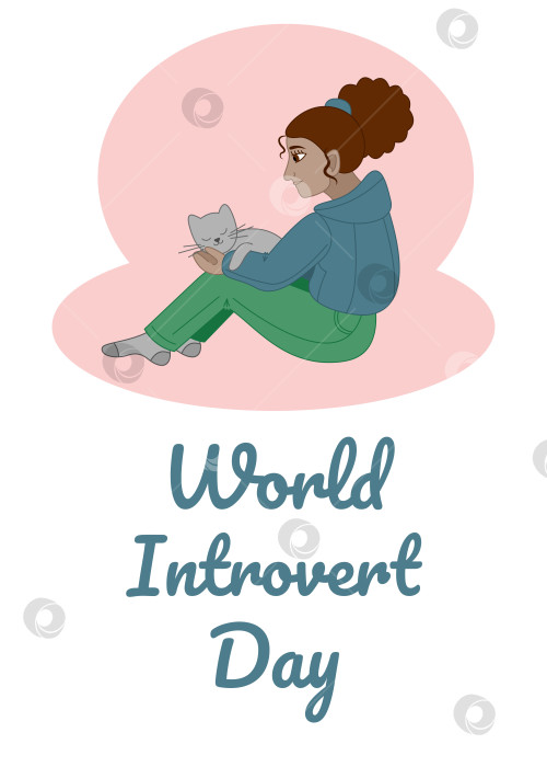 Скачать Плакат ко Всемирному дню интроверта с изображением девушки с кошкой на коленях. Плоская цветная векторная иллюстрация фотосток Ozero