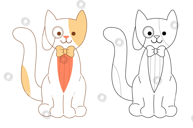 Скачать Милый персонаж-кот с моноклем и галстуком-бабочкой. Плоская цветная и черно-белая векторная иллюстрация. фотосток Ozero