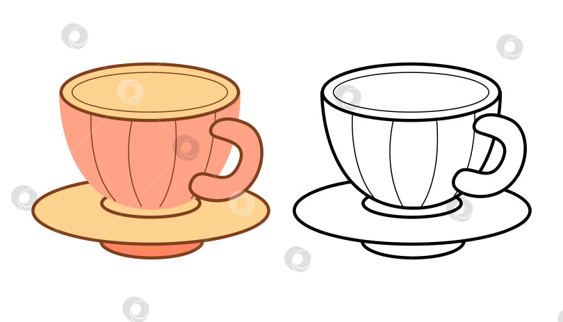 Скачать Винтажная чайная чашка в полоску с блюдцем. Плоская цветная и черно-белая векторная иллюстрация. фотосток Ozero