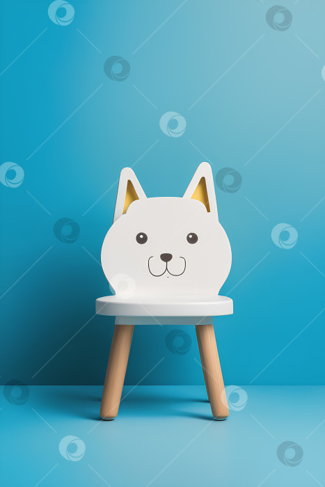 Скачать Один детский деревянный белый стул в форме кошки на синем фоне, студийный свет, реалистичность, минимализм. фотосток Ozero