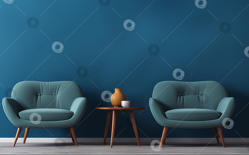 Скачать Современная уютная гостиная с двумя креслами и маленьким столиком, темно-синий фон на стене, дизайн интерьера. фотосток Ozero