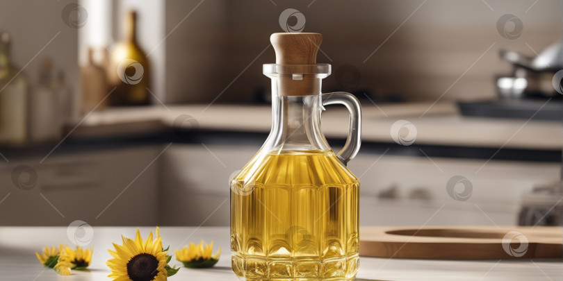 Скачать Бутылка подсолнечного масла на светлой кухне с деревянными фасадами и бытовой техникой. фотосток Ozero