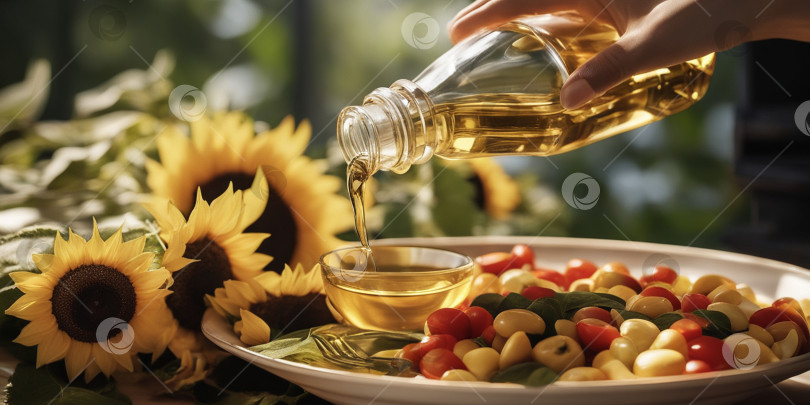 Скачать Прозрачная бутылка масла стоит на деревянном столе на фоне поля подсолнухов фотосток Ozero