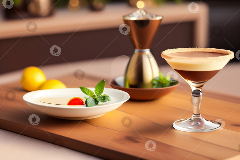 Скачать Коктейль Тини - эспрессо-мартини на летнем столике в ресторане. Генеративный искусственный интеллект. фотосток Ozero