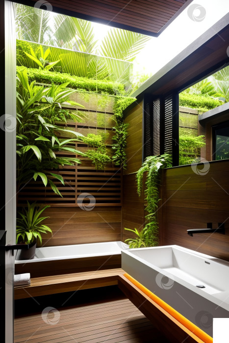 Скачать Интерьер стильной современной ванной комнаты в отеле на острове Бали. Ванная комната с элементами из дерева и большими зелеными растениями. Генеративный искусственный интеллект. фотосток Ozero