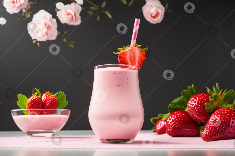 Скачать Клубничный молочный коктейль в бокале на розовом фоне. Концепция летних безалкогольных напитков. Генеративный искусственный интеллект. фотосток Ozero