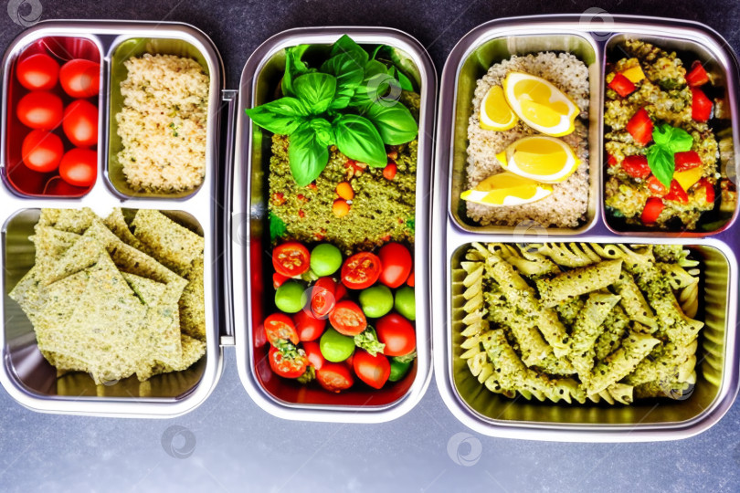 Скачать Готовые диетические обеды в ланч-боксах: паста, пармезан, листья салата, помидоры черри с базиликом. фотосток Ozero