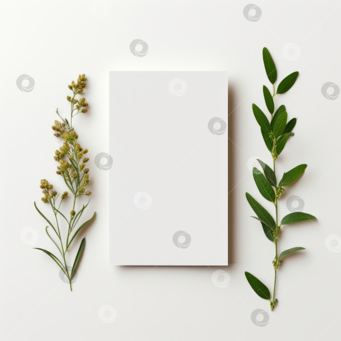 Скачать Чистый белый лист бумаги с ветками растений, макет, минимализм. фотосток Ozero