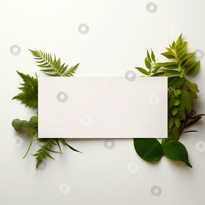 Скачать Чистый лист бумаги-приглашение лежит на композиции из растений, на нейтральном фоне. фотосток Ozero
