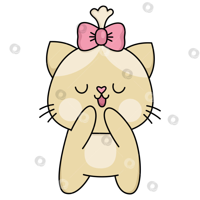 Скачать Векторный мультфильм каваи застенчивая девушка-кошка с бантом. Клипарт с изолированным котенком. Иллюстрация с цветным контуром милого котенка. Забавная иконка Дня Святого Валентина для детей с концепцией любви фотосток Ozero