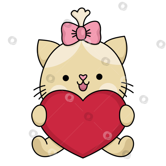 Скачать Векторный мультфильм кавайная девочка-кошка, сидящая с сердцем. Клипарт с изолированным котенком. Иллюстрация с цветным контуром милого котенка. Забавный значок Дня Святого Валентина для детей с концепцией любви фотосток Ozero