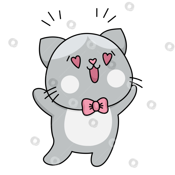 Скачать Векторный мультяшный кавайный мальчик-кот с глазами в форме сердца. Линейный клипарт с изолированным котенком. Милый обрадованный влюбленный котенок. Забавная иконка Дня Святого Валентина для детей фотосток Ozero