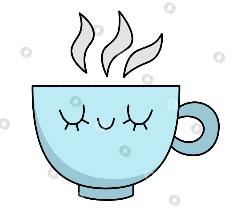 Скачать Векторная мультяшная кавайная иконка чашки. Улыбающийся клипарт с горячим напитком. Симпатичная иллюстрация чая или кофе. Забавная иконка для детей с концепцией напитка фотосток Ozero