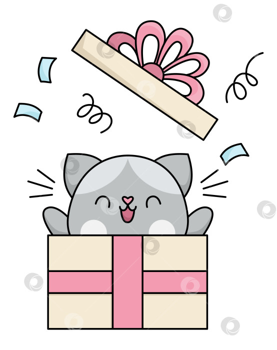 Скачать Векторный мультяшный кавайный кот вылезает из подарочной коробки. Клипарт с изображением котенка. Иллюстрация милого котенка. Забавная иконка Дня Святого Валентина для детей с концепцией любви или сюрприза фотосток Ozero