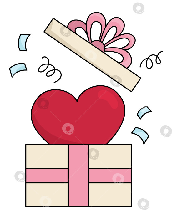 Скачать Векторное мультяшное сердечко, вылезающее из подарочной коробки. Линейный подарочный изолированный клипарт. Милая иллюстрация. Забавная иконка Дня Святого Валентина для детей с концепцией любви или сюрприза фотосток Ozero