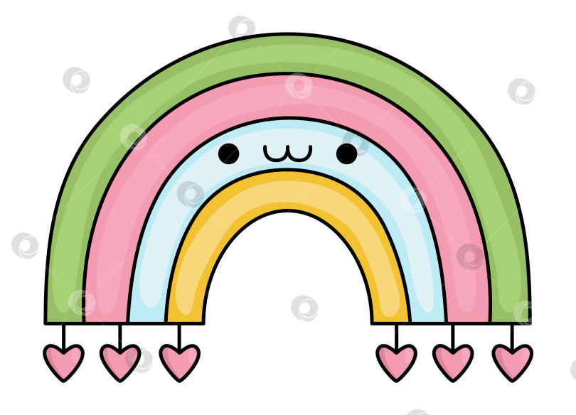 Скачать Векторная мультяшная кавайная радуга с сердечками. Изолированный клипарт с природным бантом. Милая иллюстрация. Забавный значок Дня Святого Валентина для детей с концепцией любви фотосток Ozero