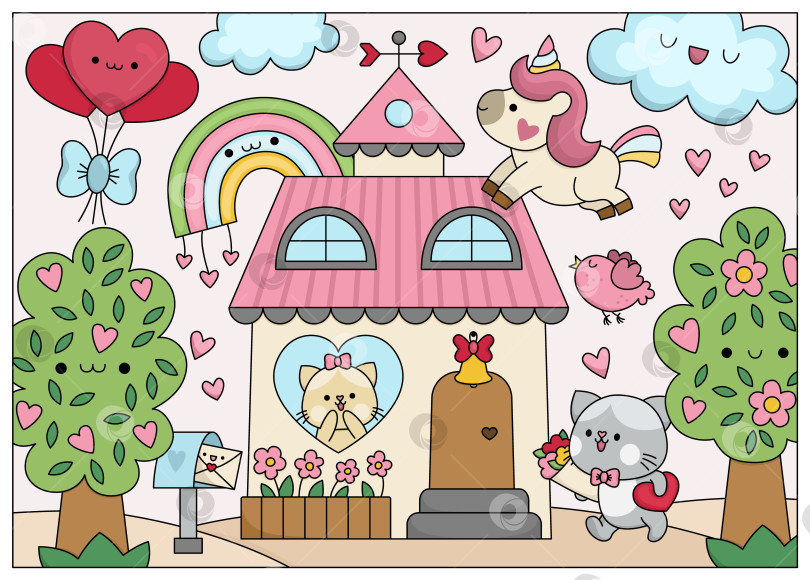 Скачать Векторная мультяшная сцена дня Святого Валентина с семейством кошек, единорогом, радугой, домом. Милая кавайная цветная иллюстрация с концепцией любви. Садовый пейзаж с сердечками. Значок для детей фотосток Ozero