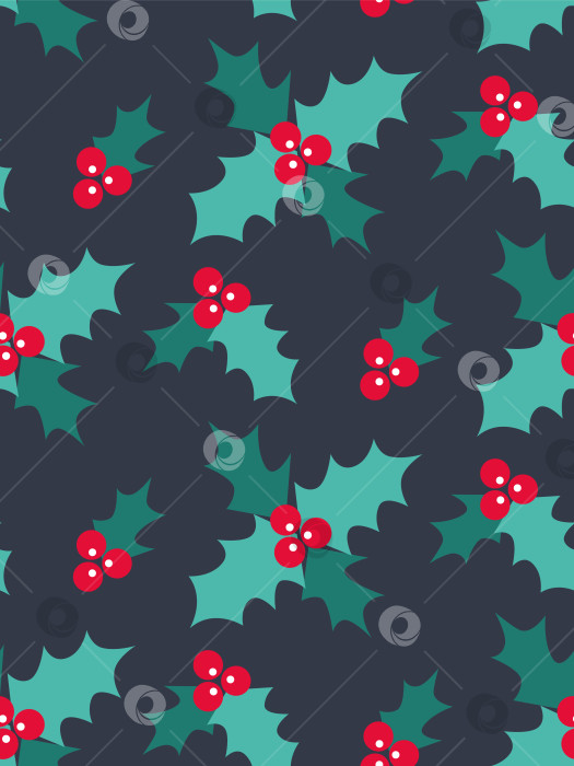 Скачать Красные ягоды и листья остролиста на темно-синем фоне в плоском стиле. Рождественский зимний бесшовный узор для бумаги, ткани, декора фотосток Ozero
