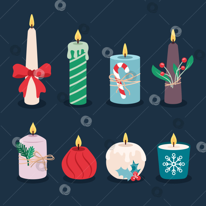 Скачать Набор рождественских горящих свечей в мультяшном плоском стиле. Рождественские и новогодние украшения фотосток Ozero