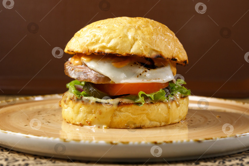 Скачать Бургер с говяжьим языком, сырным салатом и помидорами крупным планом. Выборочный фокус фотосток Ozero