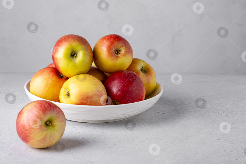Скачать Красивые спелые яблоки на столе в белой керамической тарелке. Выборочный фокус, копирование в пространстве. фотосток Ozero