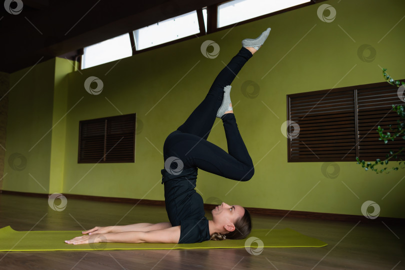 Скачать Молодая женщина выполняет упражнение Саламба Сарвангасана или стойку на плечах с наклоном согнутых ног, занимается йогой в черных леггинсах и футболке на коврике в студии фитнеса фотосток Ozero