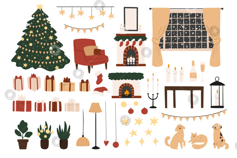 Скачать Набор векторных иллюстраций праздничного интерьера с Рождеством Христовым, украшенная рождественская елка, подарок, камин, рождественский декор дома, изображения в плоском стиле. фотосток Ozero