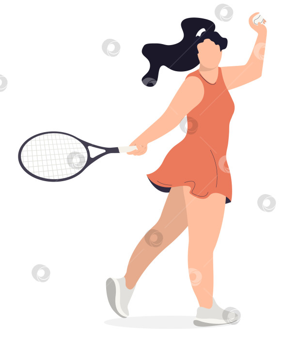 Скачать Теннисистка в стиле флэт. Теннисистка  с длинными волосами в красном платье  готовится к удару. Иллюстрация в стиле флэт. фотосток Ozero