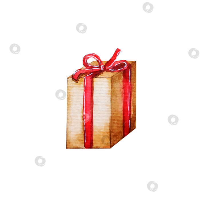 Скачать Подарочная коробка в крафтовой упаковке, перевязанная красной лентой. Иллюстрация выполнена акварелью. фотосток Ozero