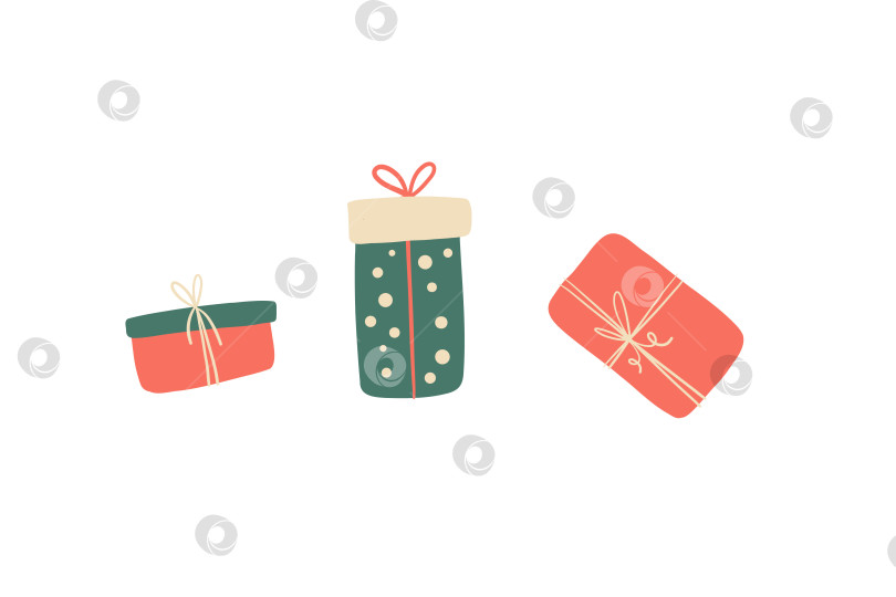 Скачать Набор клипартов для рождественских подарочных коробок. Уютная зимняя иллюстрация для стикеров, логотипов, открыток, плакатов, упаковки, скрапбукинга, узоров. Подарочный набор наклеек в плоском стиле. фотосток Ozero