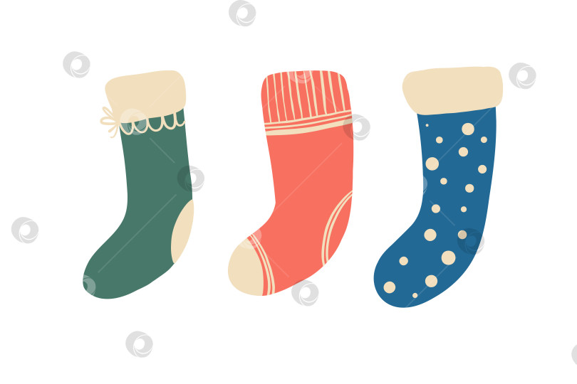 Скачать Вектор рождественских чулок. Красочный носок для зимнего праздника. Украшение дома, место для подарка. счастливого Рождества. Векторная иллюстрация милых рождественских носков. фотосток Ozero