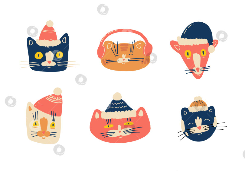 Скачать Набор рождественских кошек, одетых в зимние аксессуары, такие как шляпы и шарфы. Векторная иллюстрация милых мордочек животных в праздничных нарядах, отображающих различные эмоции в красочном мультяшном стиле. фотосток Ozero