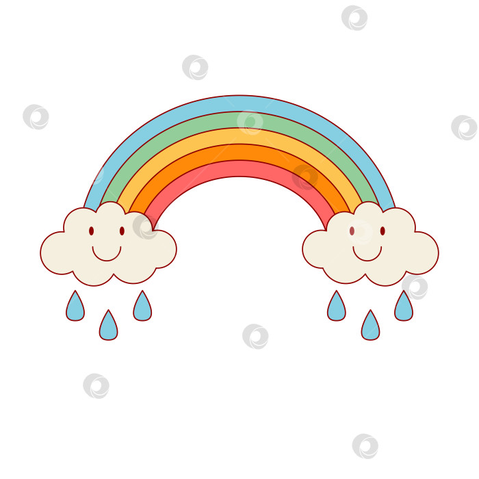 Скачать Заводная радуга с улыбающимися облаками и каплями дождя фотосток Ozero