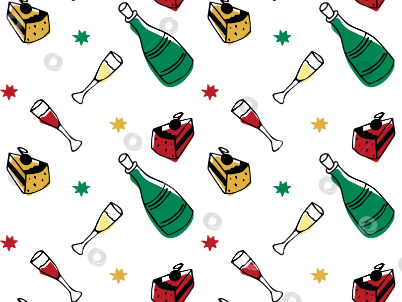 Скачать праздничный бесшовный черно-белый рисунок каракулями с бутылкой шампанского, бокалами для вина и тортом фотосток Ozero