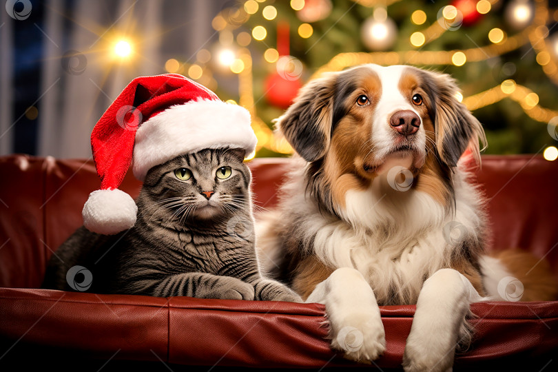 Скачать Кошка и собака сидят на красном диване в комнате, украшенной к Рождеству. Порождающий искусственный интеллект фотосток Ozero
