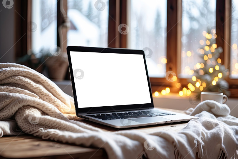 Скачать Ноутбук с макетом белого экрана зимой в помещении на столе с уютным пледом у окна, покрытого снегом. Сезонная удаленная работа, Интернет, шоппинг, Рождество и Новый год. Искусственный интеллект сгенерирован фотосток Ozero