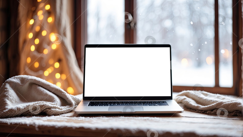 Скачать Макет ноутбука с белым экраном зимой, в помещении, на столе с уютным пледом, у окна со снегом. Сезонная удаленная работа, Интернет, шоппинг, Рождество и Новый год. Искусственный интеллект сгенерирован фотосток Ozero