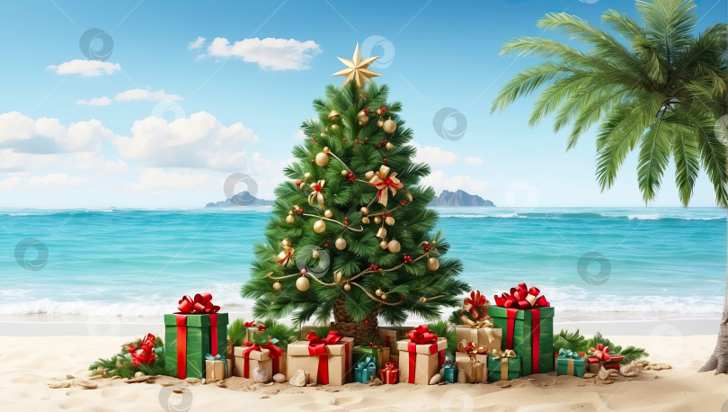 Скачать Рождественская елка с подарочными коробками на берегу океана с пальмами. Туристическая поездка на Рождество и Новый год в тропические страны, отдых на море. Искусственный интеллект сгенерировал фотосток Ozero