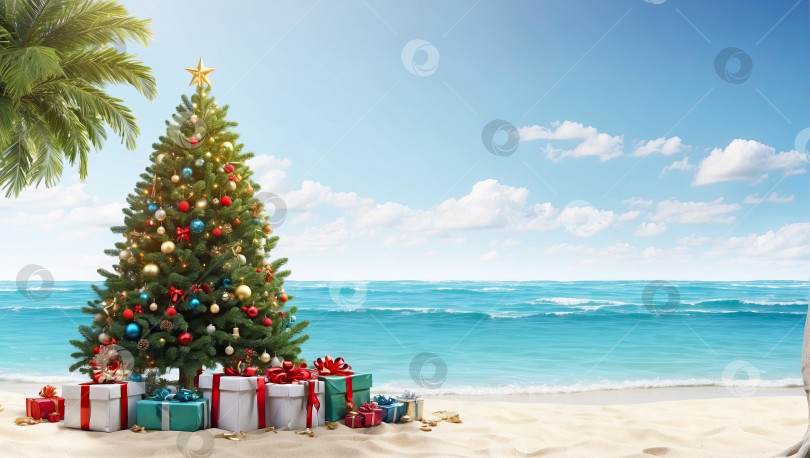 Скачать Рождественская елка с подарочными коробками на берегу океана с пальмами. Туристическая поездка на Рождество и Новый год в тропические страны, отдых на море. Скопировать пространство. Сгенерировано искусственным интеллектом фотосток Ozero
