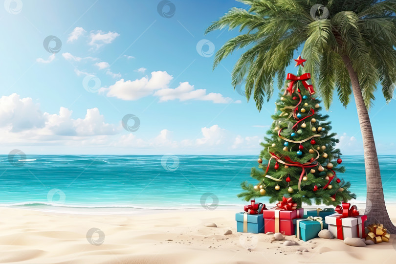 Скачать Рождественская елка с подарочными коробками на берегу океана с пальмами. Туристическая поездка на Рождество и Новый год в тропические страны, отдых на море. Скопировать пространство. Сгенерировано искусственным интеллектом фотосток Ozero