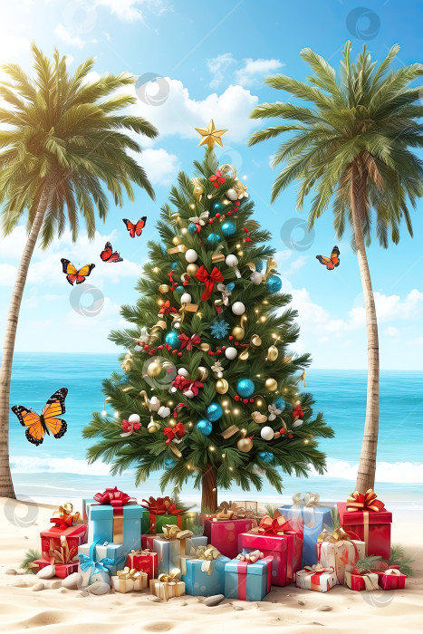 Скачать Рождественская елка с подарочными коробками на берегу океана с пальмами. Туристическая поездка на Рождество и Новый год в тропические страны, отдых на море. Искусственный интеллект сгенерировал фотосток Ozero