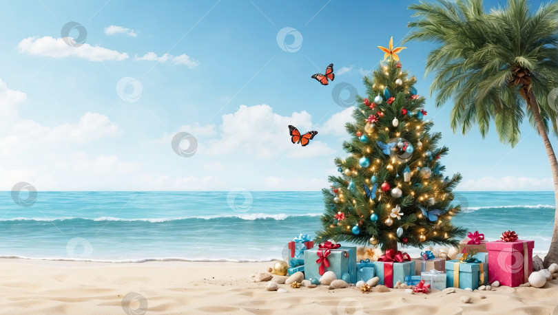 Скачать Рождественская елка с подарочными коробками и бабочками на берегу океана с пальмами. Туристическая поездка на Рождество и Новый год в тропические страны, отдых на море. Скопируйте пространство. Сгенерировано искусственным интеллектом фотосток Ozero
