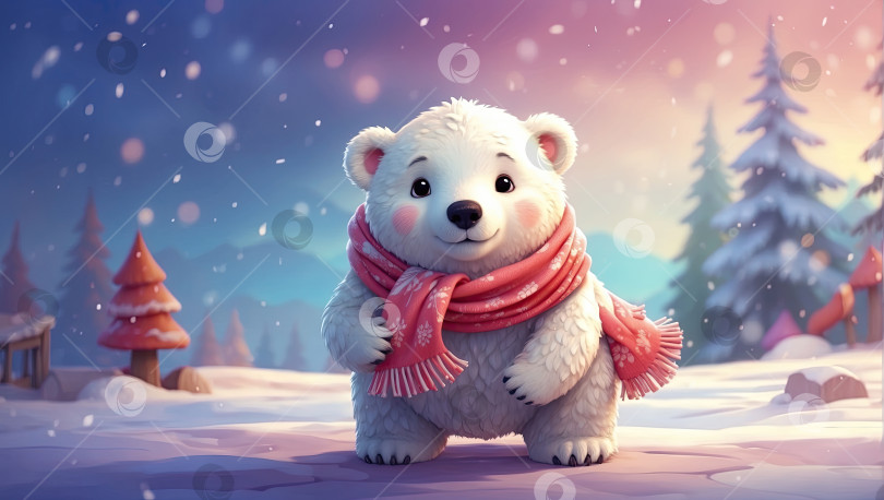 Скачать Мультипликационный портрет доброго белого медведя в красном шарфе, детского персонажа на рождественском фоне, - это праздничная поздравительная открытка к новому году. Сгенерированный искусственным интеллектом фотосток Ozero