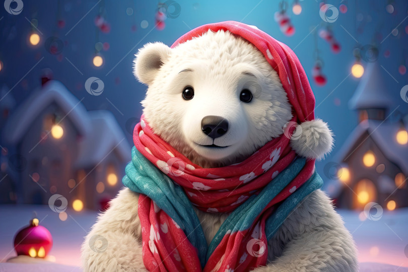 Скачать Мультипликационный портрет доброго белого медведя в красном шарфе, детского персонажа на рождественском фоне, является праздничной поздравительной открыткой к новому году. Сгенерированный искусственным интеллектом фотосток Ozero