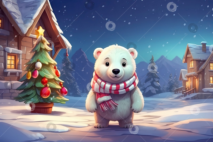 Скачать Мультяшный портрет доброго белого медведя в красном шарфе, детского персонажа на рождественском фоне, - это праздничная поздравительная открытка к новому году. Сгенерированный искусственным интеллектом фотосток Ozero