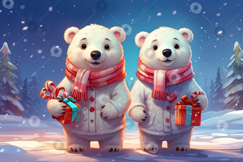 Скачать Мультипликационный портрет пары добрых белых медведей в красном шарфе, детского персонажа на рождественском фоне, является праздничной поздравительной открыткой к новому году. Сгенерированный искусственным интеллектом фотосток Ozero