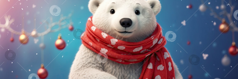 Скачать Мультяшный портрет доброго белого медведя в красном шарфе, детского персонажа на рождественском фоне, - это праздничная поздравительная открытка к новому году. Баннер. Созданный искусственным интеллектом фотосток Ozero